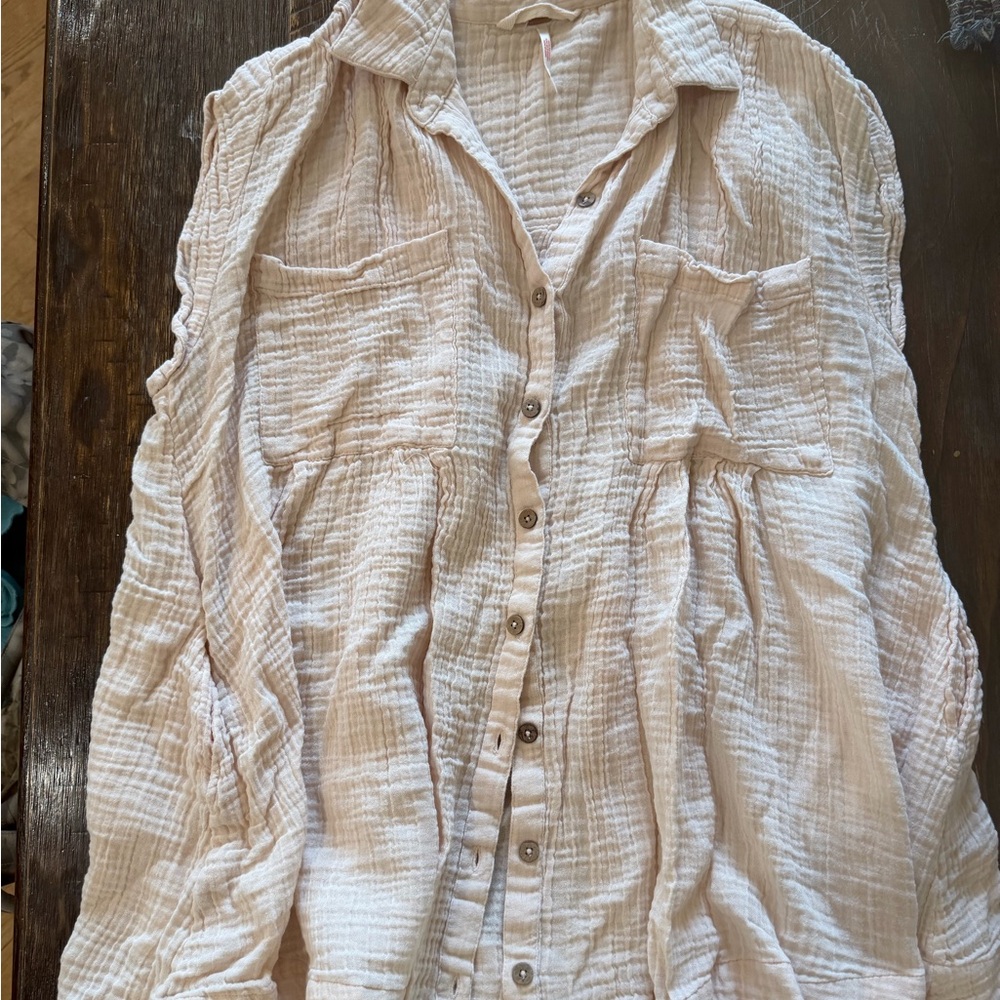 Free People Gauze Button-Front Shirt Dress in Light Cream
